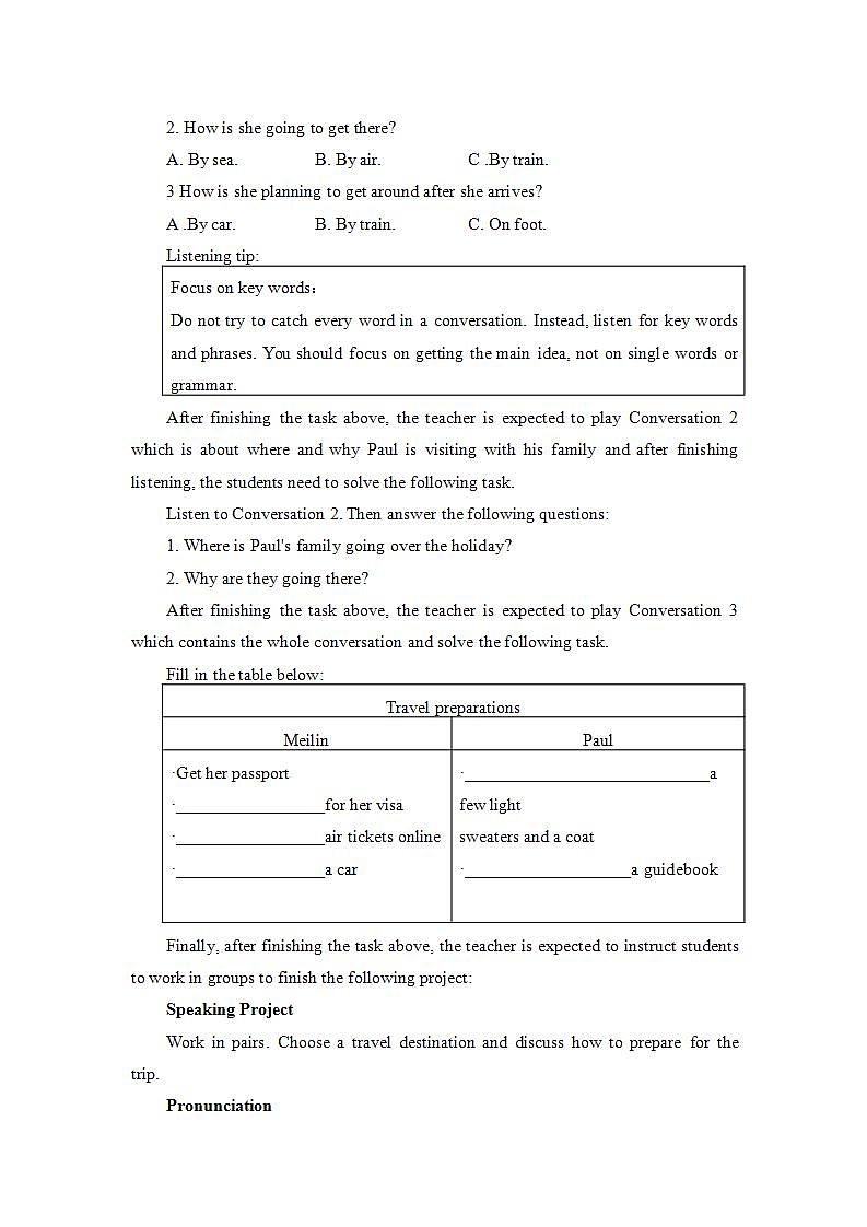 人教版英语必修第一册(教案)Unit2 Travelling Around-Listening and Speaking & Listening and Talking第2页