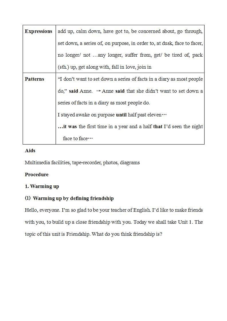 人教版高中英语必修一 Unit1 FriendshipPeriod1Warming up and reading教案(12页word版)02