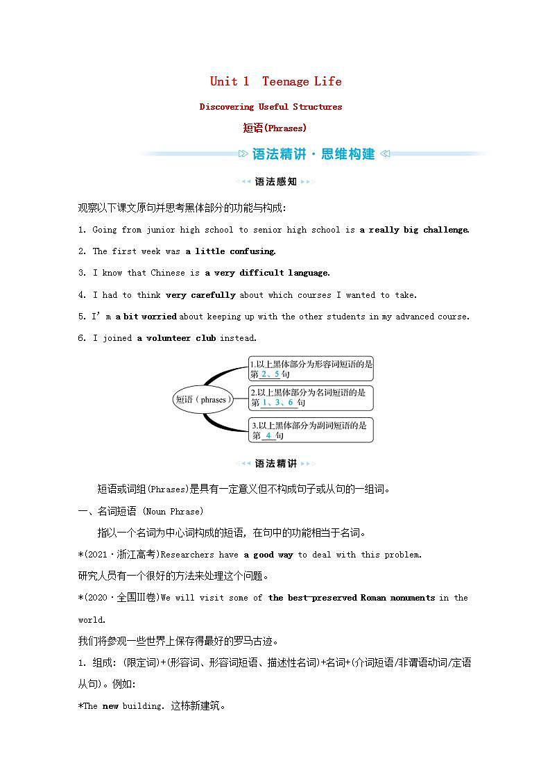 2020-2021学年高中英语新人教版必修第一册 Unit1 Teenage Life Discovering Useful Structures 学案01