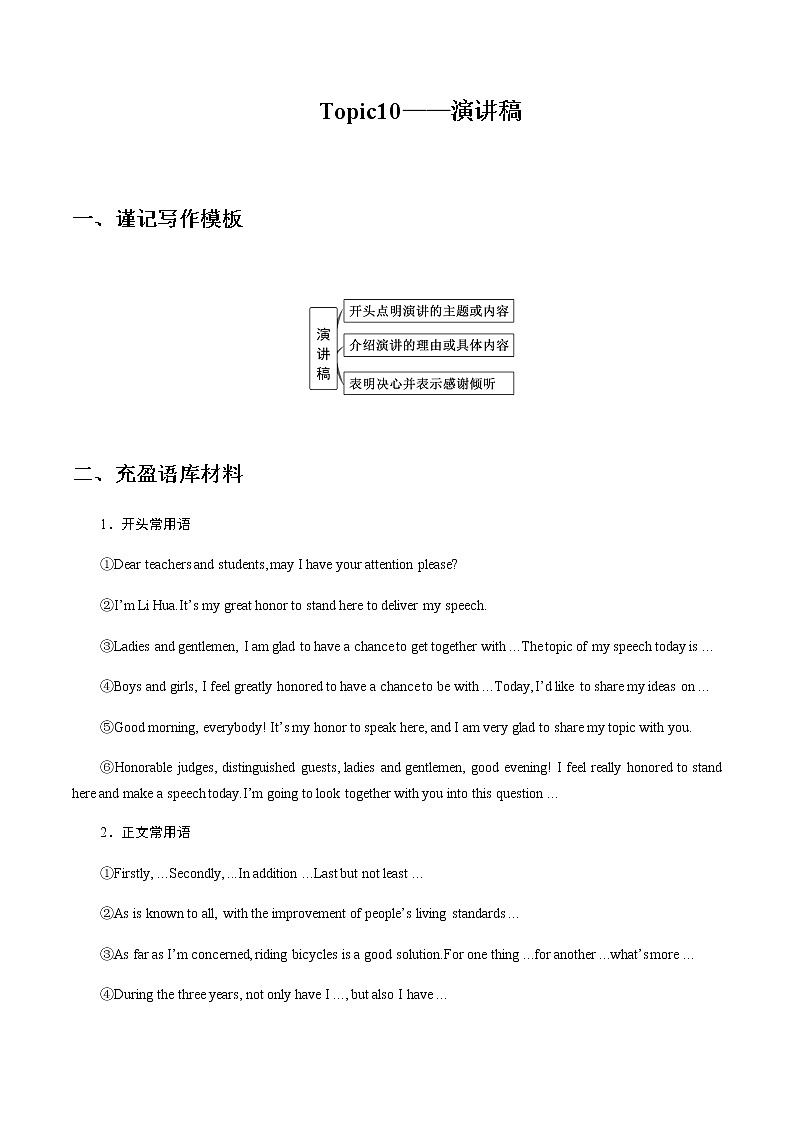 2021届高考二轮英语考前书面表达押题学案:专题10:演讲稿 Word版含答案第1页