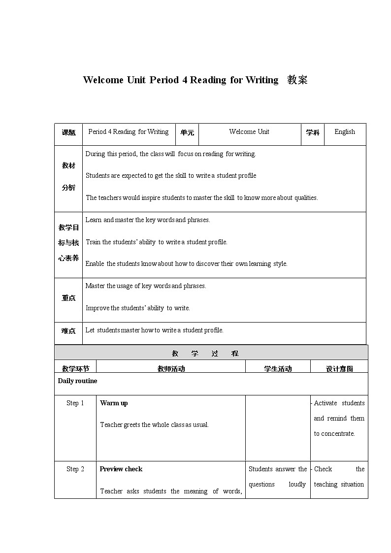 2020-2021学年新人教版 高中英语必修一 Welcome Unit Period4 Reading for Writing 教案第1页