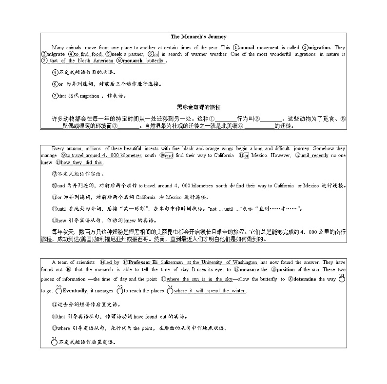 The Monarch‘s Journey 中英文对照挖空练习学案01