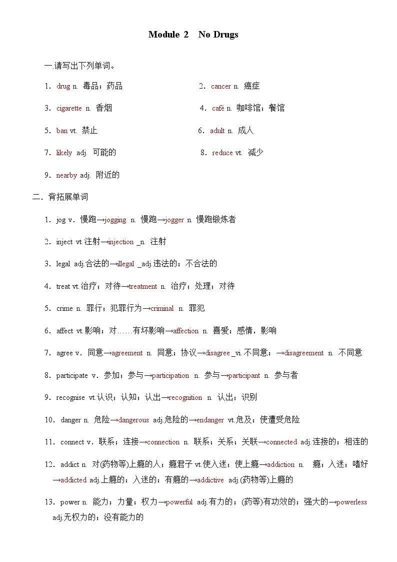 Module 2 No Drugs单词检测 2021-2022学年外研版高中英语必修一 教师版第1页