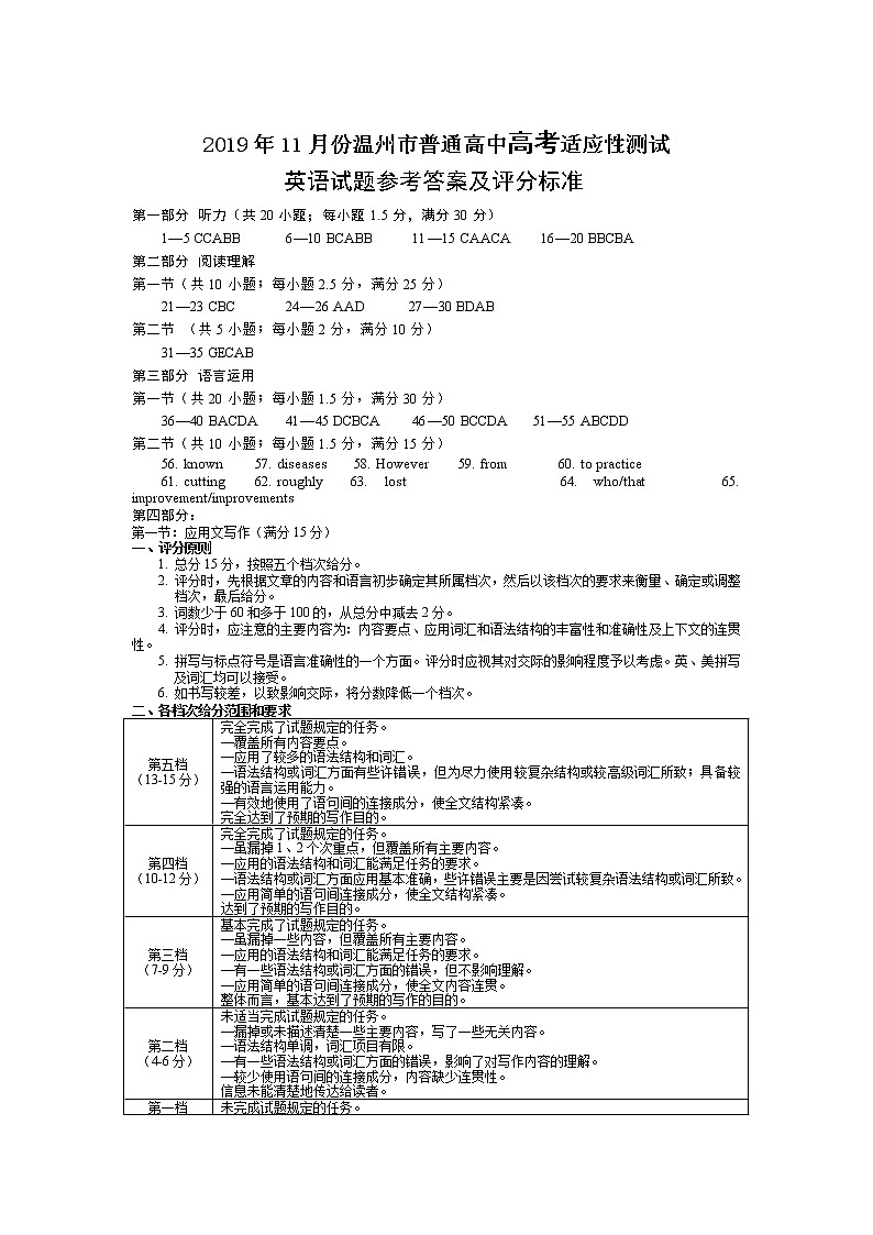 浙江省温州市2020届高三11月普通高中高考适应性测试一模考试英语答案第1页