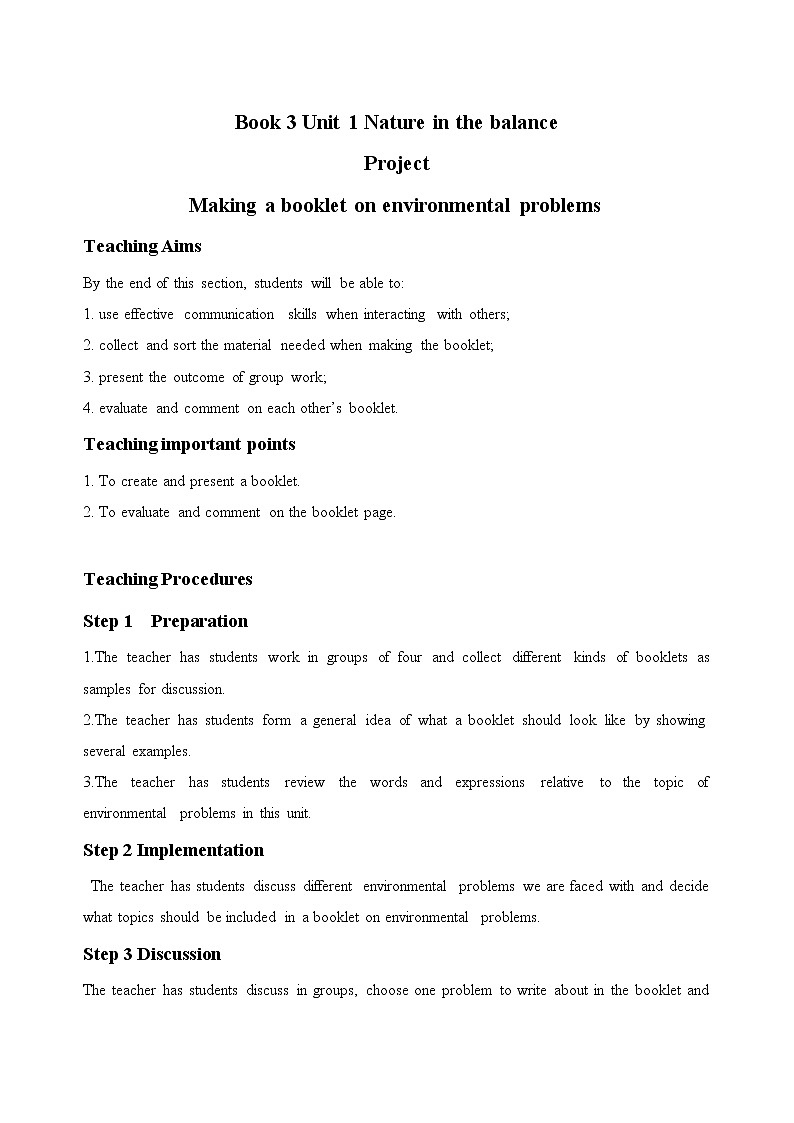 Unit 1 Nature in the balance Project 教案 2020-2021学年牛津高中英语必修第三册01