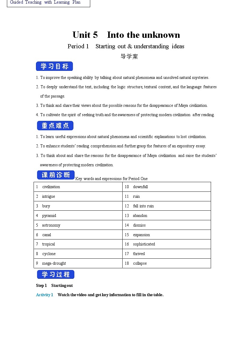 Unit 5 Into the unknown Period 1 Starting out and understanding ideas 导学案01