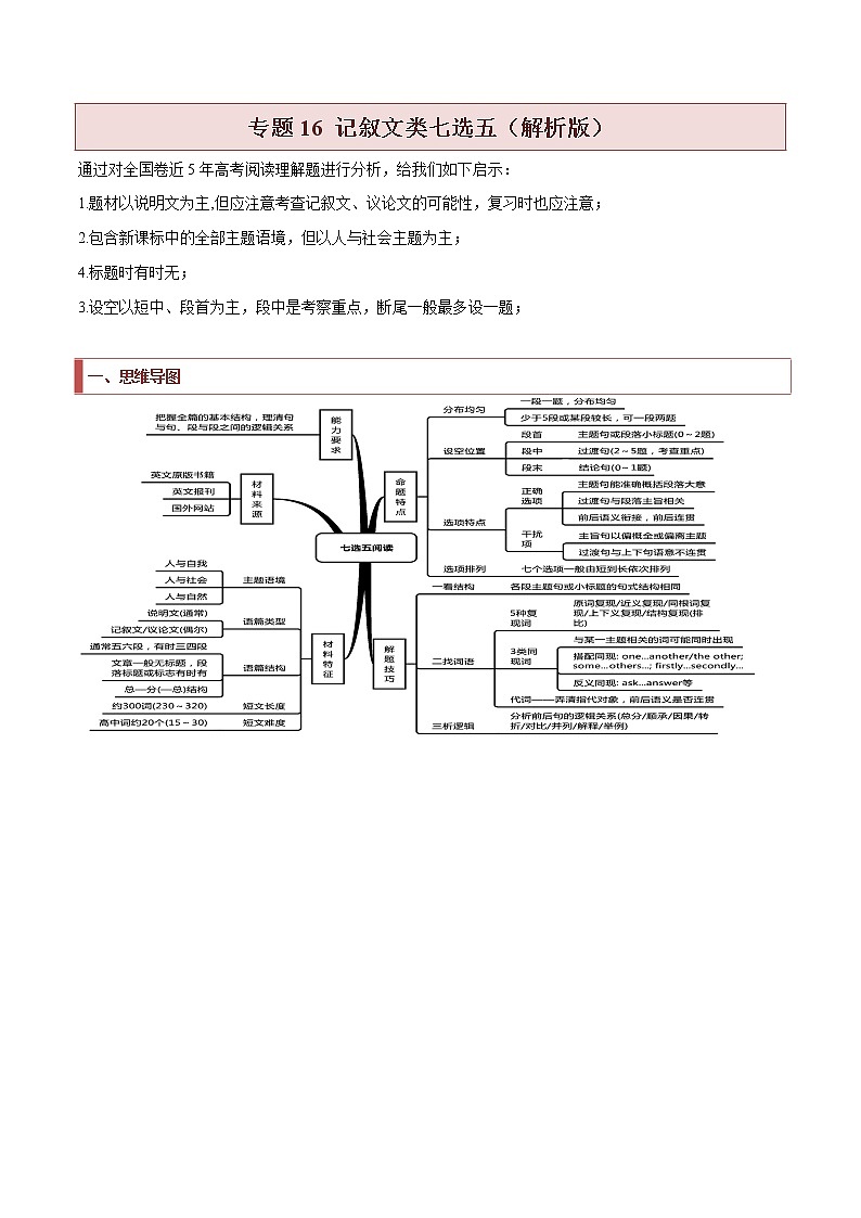 专题16 记叙文类七选五 -2022年高考英语毕业班二轮热点题型归纳与变式演练(新高考专用)01