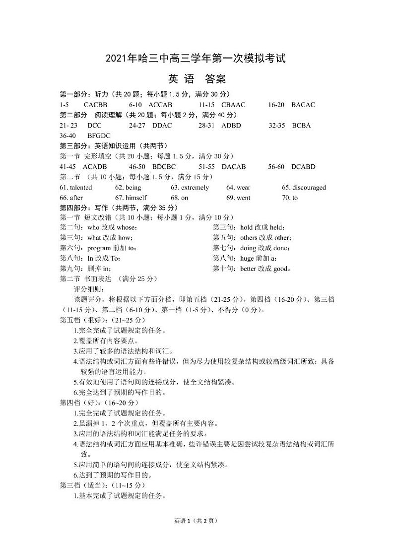 【英语答案】2021哈三中高三(一模)答案第1页