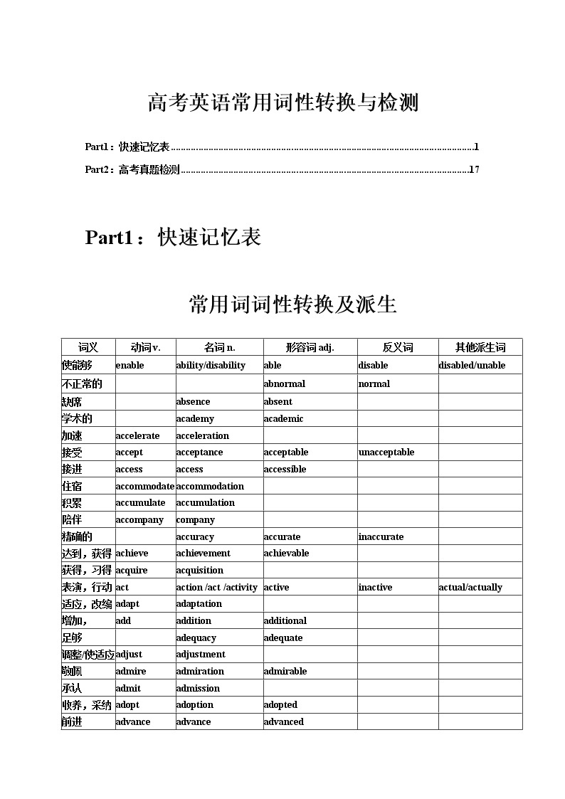 09 高考英语高频单词：词性派生速记表+高考真题演练-2022年高考英语3500单词快速突破01