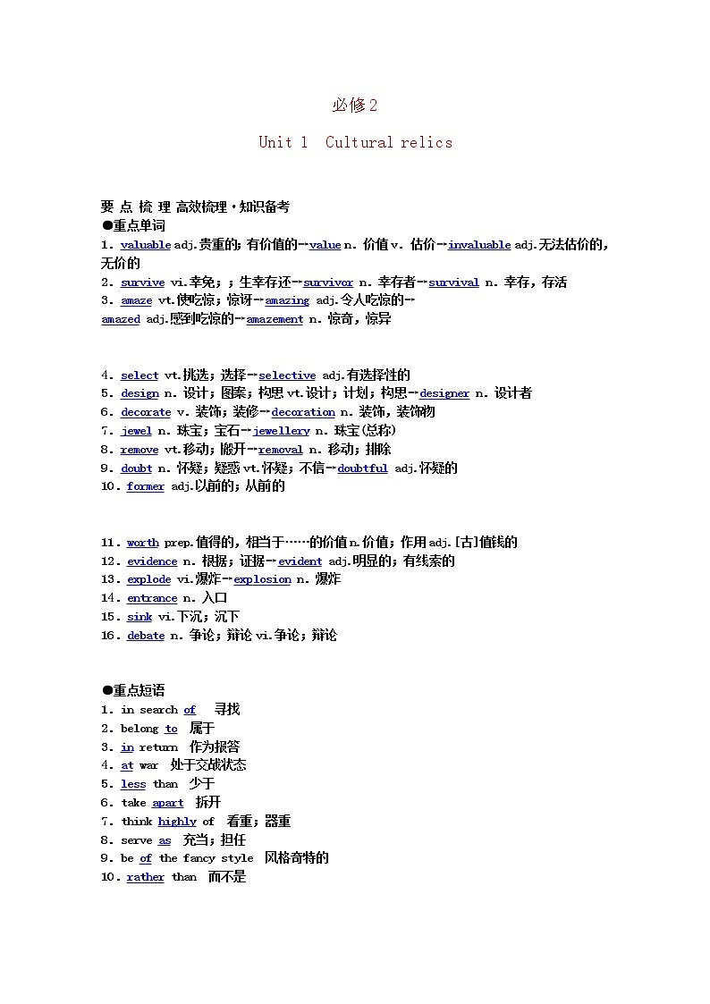 年高考英语《Unit 1 Cultural relics》要点梳理+重点突破 新人教版必修2练习题第1页