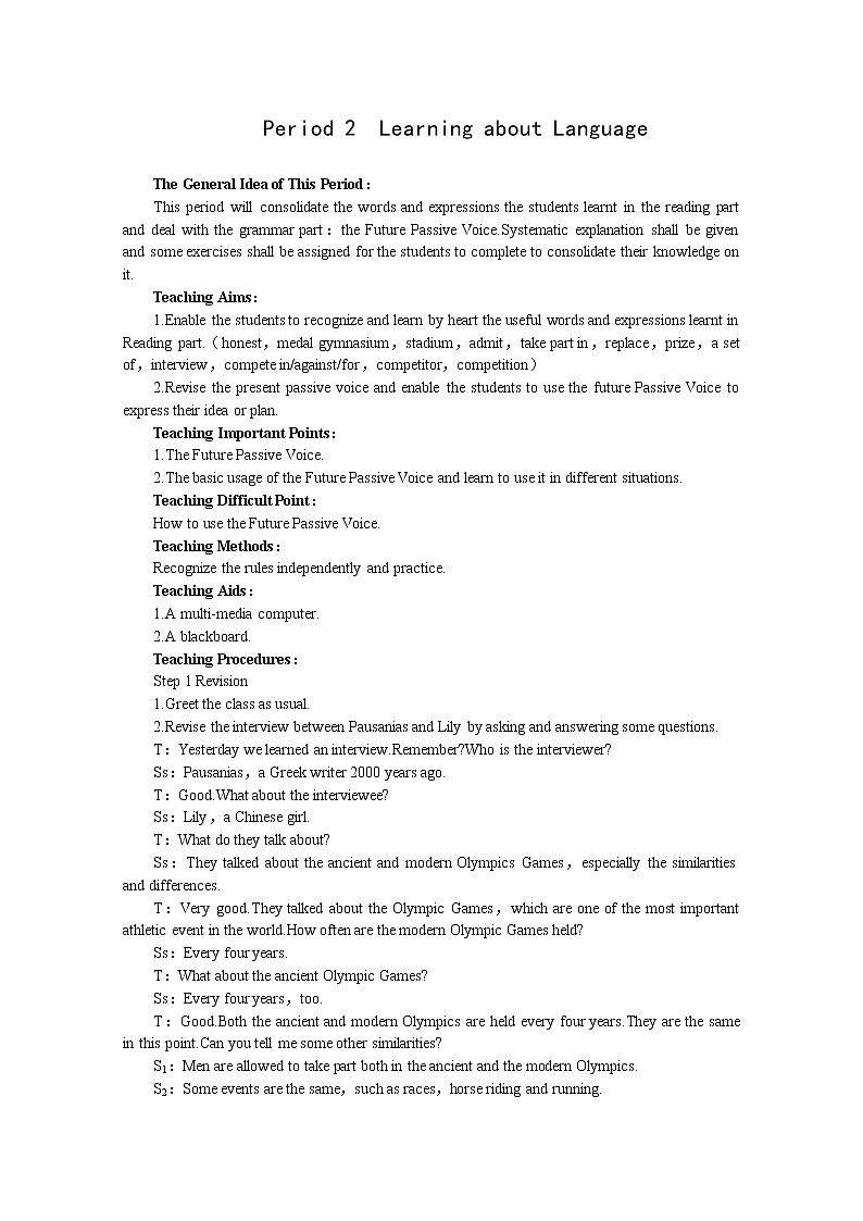 高中英语精选优秀教案人教版必修2《Unit2 The Olympic Games》Period2 Learning about Language第1页