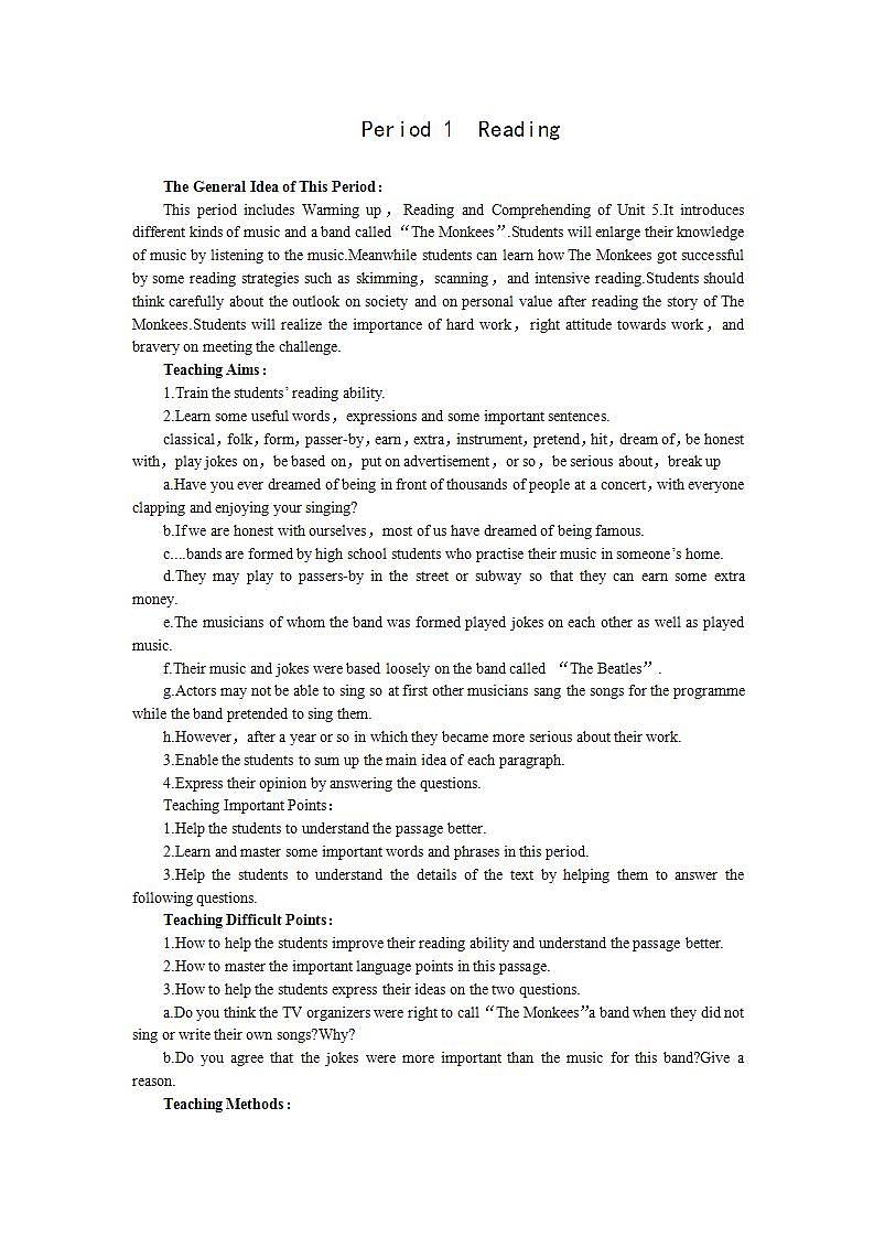 英语人教版必修二Unit5《Music》教案Period1 Reading01