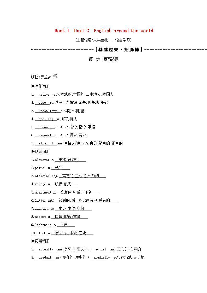 高考英语总复习词句通关Book1Unit2Englisharoundtheworld练习含解析新人教版第1页
