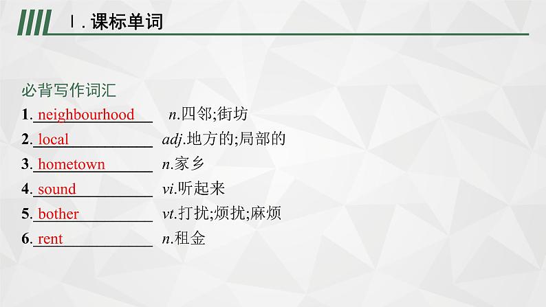 (新高考)2022届高中英语外研版一轮复习 必修1 必备预习案 Module 4 A Social Survey—My Neighbourhood 精品课件第2页