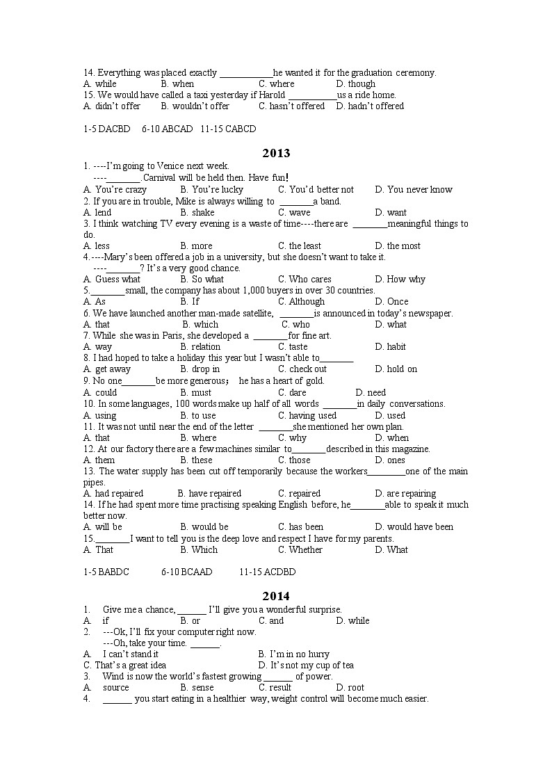 单项选择 2010-2021届天津高考英语试题分类汇编学案第3页