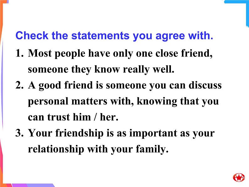 外研版英语 选修6 Module 3 Interpersonal Relationships-Friendship Introduction, Reading and Vocabulary PPT课件08