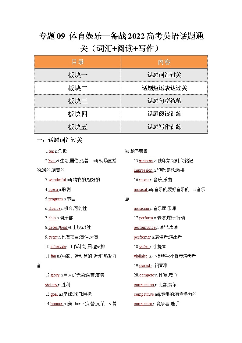 专题09 体育娱乐—备战2022高考英语话题通关(词汇 阅读 写作)01
