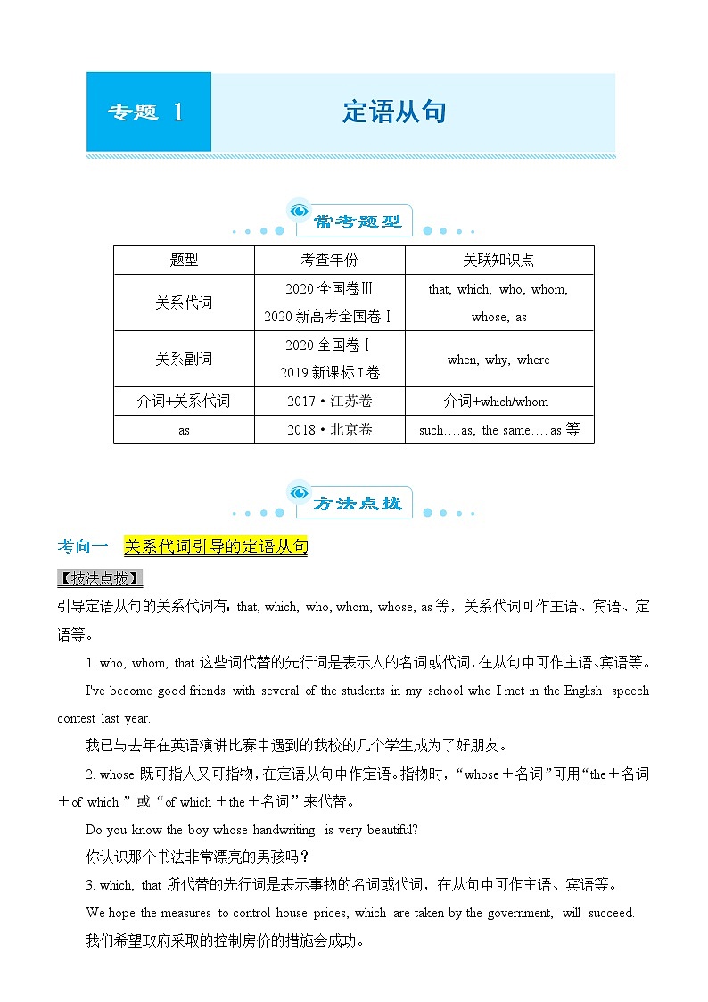2022届优质校一模试卷专题汇编1 定语从句 解析版第1页