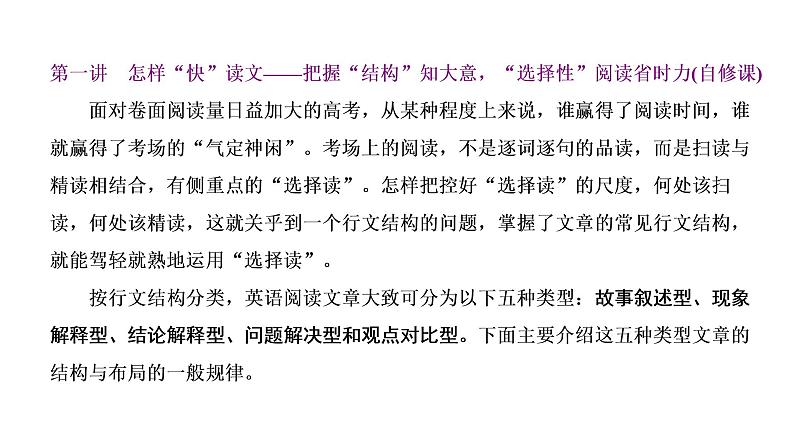 2022届新高考英语高三专题复习专题一第一讲怎样“快”读文——把握“结构”知大意,“选择性”阅读省时力(自修课) 课件第2页