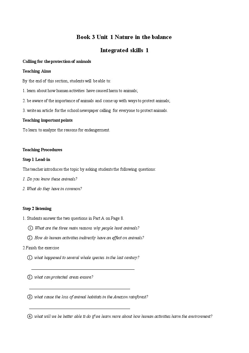 Unit 1 Nature in the balance Integrated skills 教案 高中英语新牛津译林版必修第三册(2022年)01