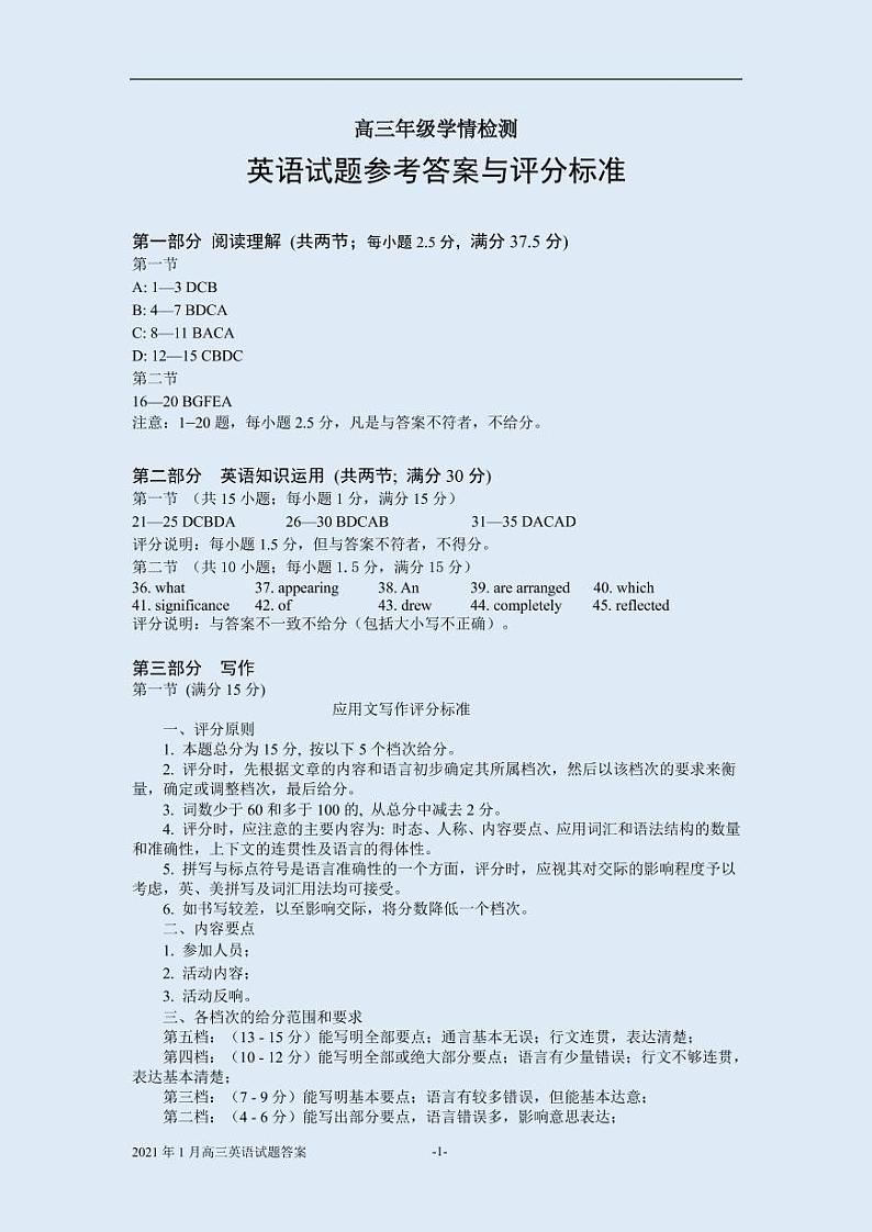 山东省济南市2021届高三上学期期末考试英语答案练习题第1页