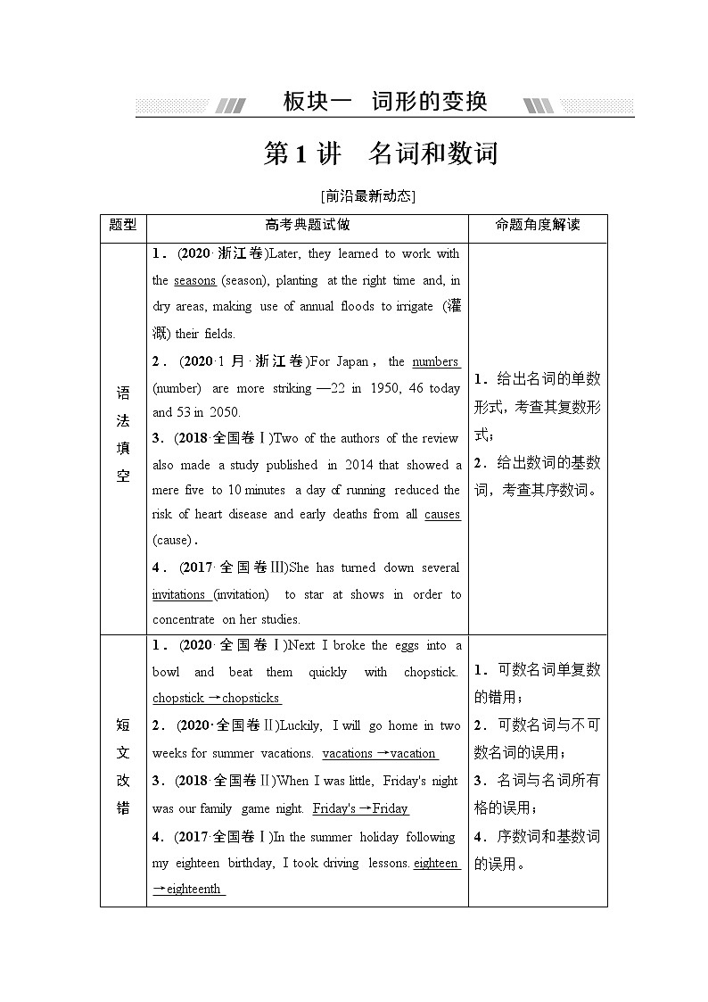 板块1 第1讲 名词和数词-2022高考英语一轮复习【名师导航】配套Word教参(外研版·老教材老高考)第1页