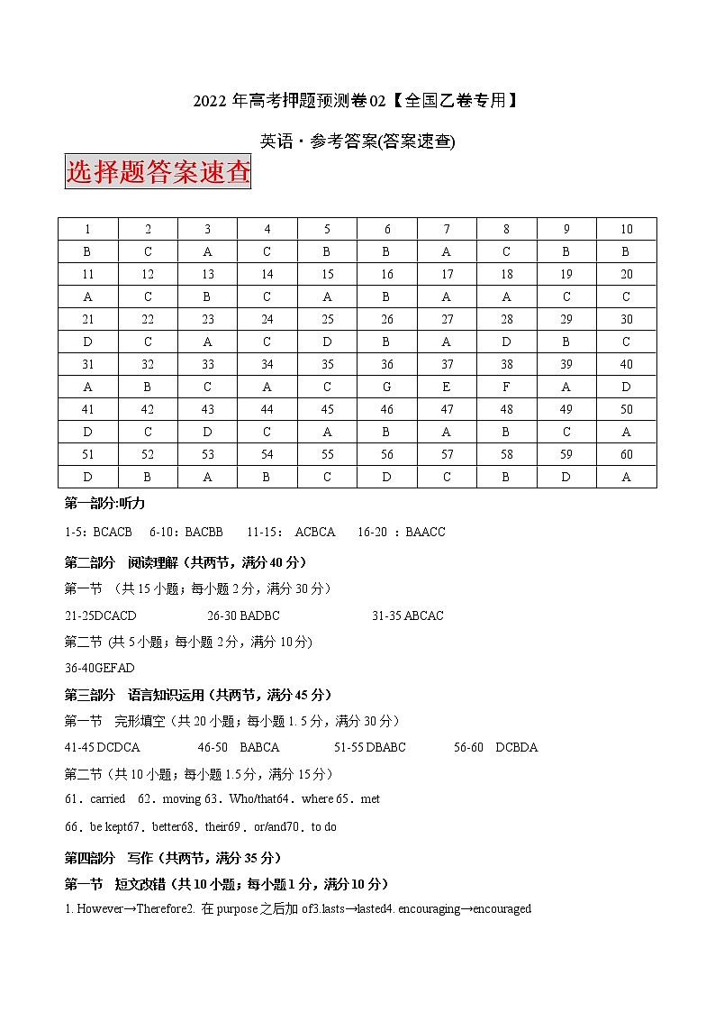 2022年高考押题预测卷02(全国乙卷专用)-英语(参考答案)第1页