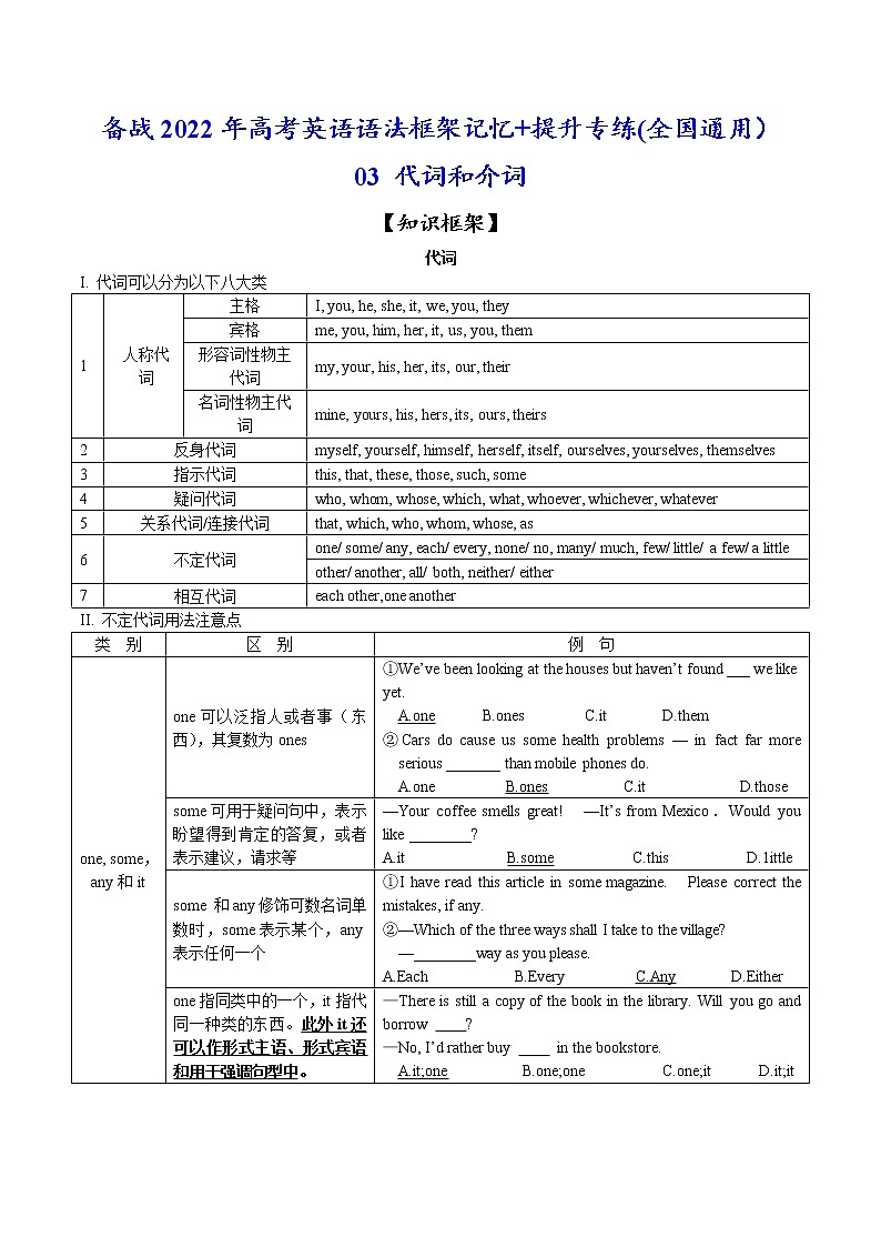 03 代词和介词(解析版)-备战2022年高考英语语法框架记忆+提升专练(全国通用)第1页