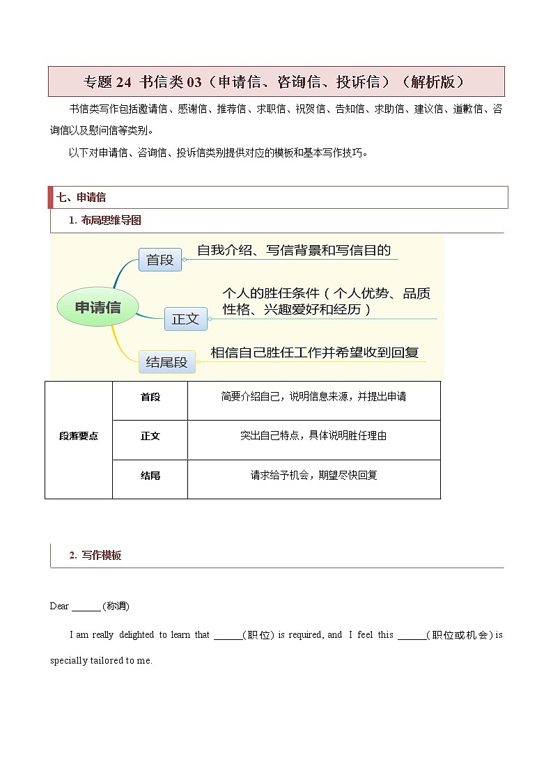 专题24 书信类03(申请信、咨询信、投诉信) -2022年高考英语毕业班二轮热点题型归纳与变式演练(新高考专用)01