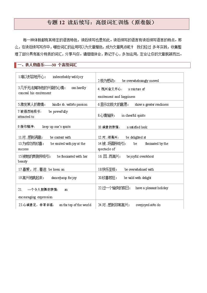 专题12 读后续写:高级词汇训练(原卷版)第1页