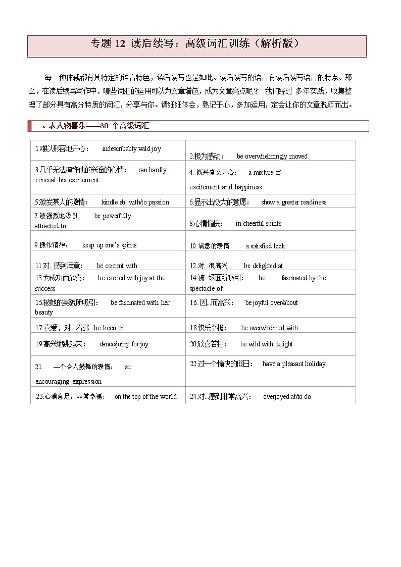 专题12 读后续写:高级词汇训练(解析版)第1页