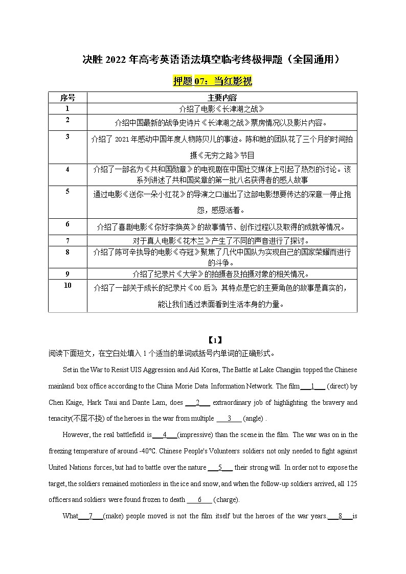 押题07 当红影视-决胜2022年高考英语语法填空临考终极押题(全国通用)第1页