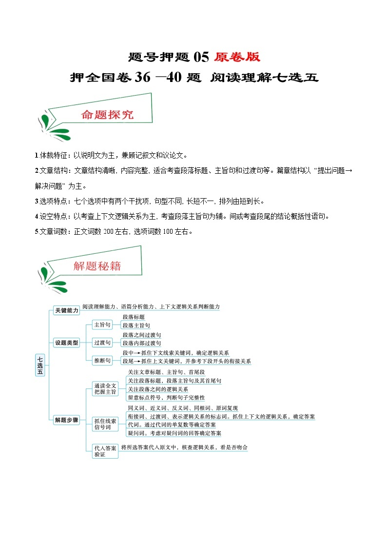 题号押题05 押全国卷36—40题 阅读理解七选五-备战2022年高考英语临考题号押题（全国甲卷）01