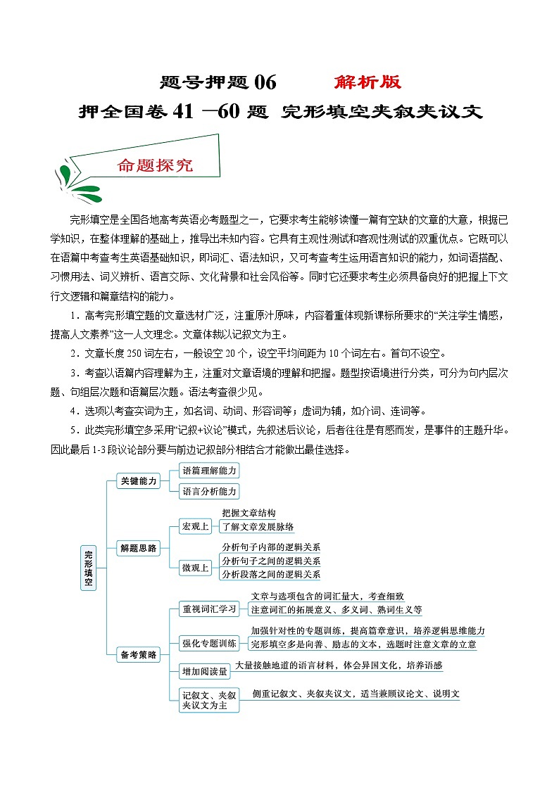 题号押题07 押全国卷41—60题 完形填空夹叙夹议文-备战2022年高考英语临考题号押题(全国甲卷)01