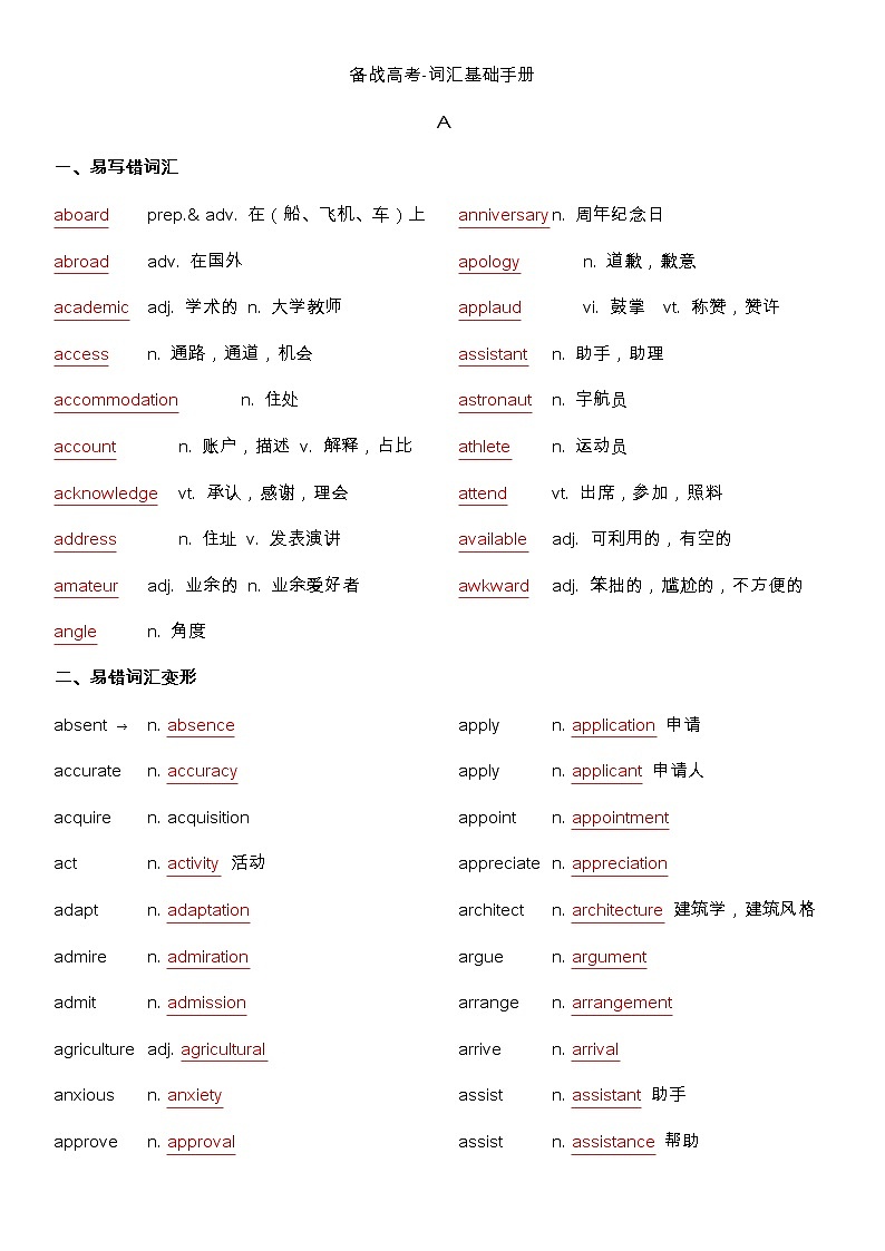 备战高考-词汇基础 A 单词、熟词生义、词组、常考超纲词、不规则动词变化答案版第1页