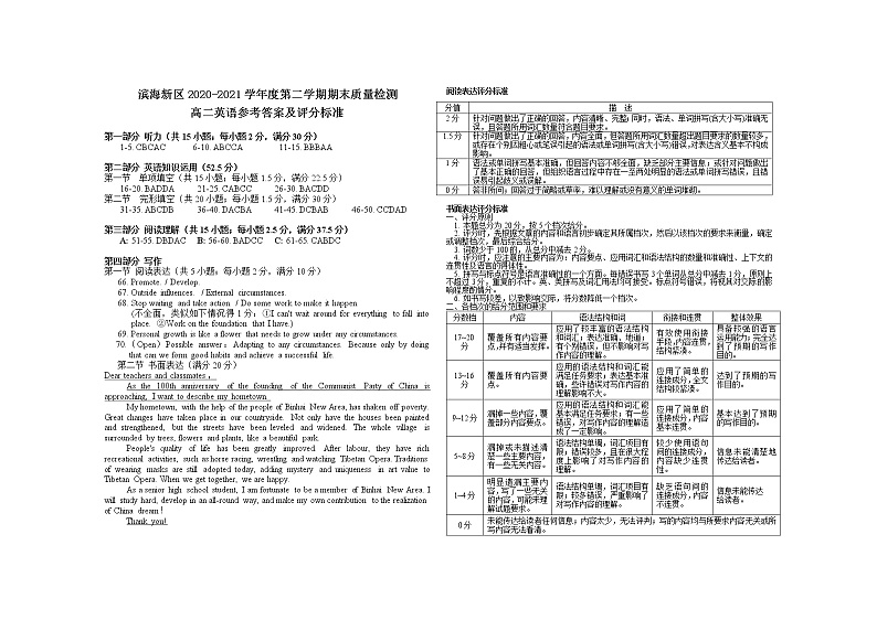 2021天津滨海新区高二下学期期末考试英语试题含答案01