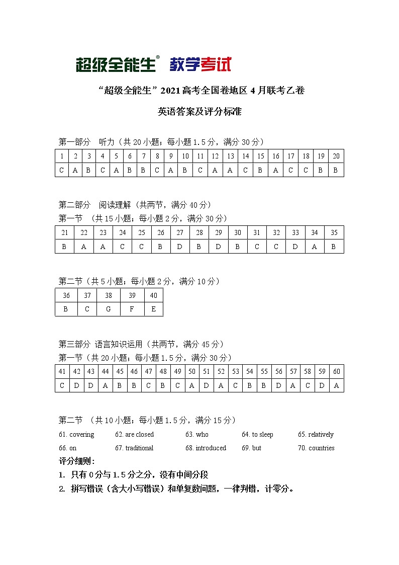 2021“超级全能生”高三全国卷地区4月联考试题(乙卷)英语PDF版含解析(含听力)01
