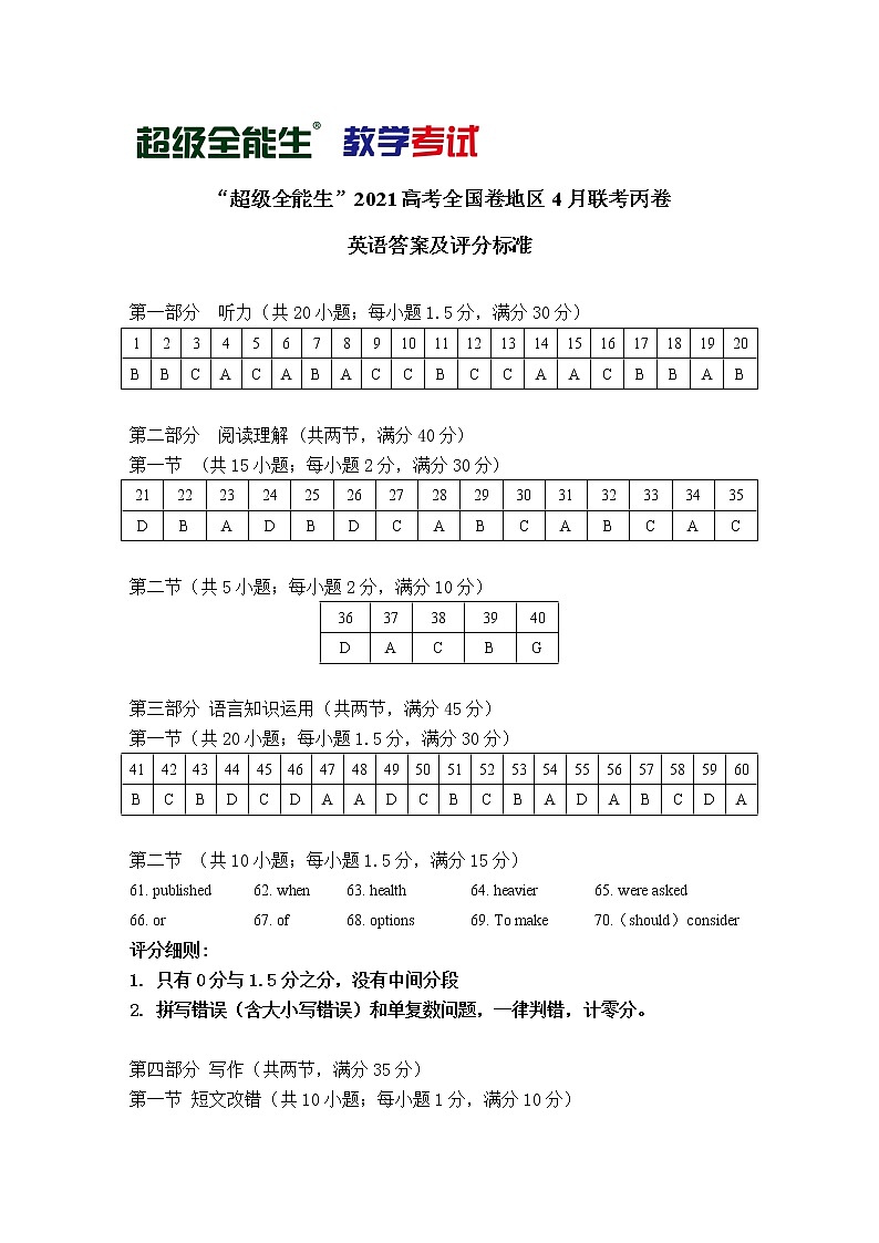 2021“超级全能生”高三全国卷地区4月联考试题(丙卷)英语(含听力)PDF版含解析01