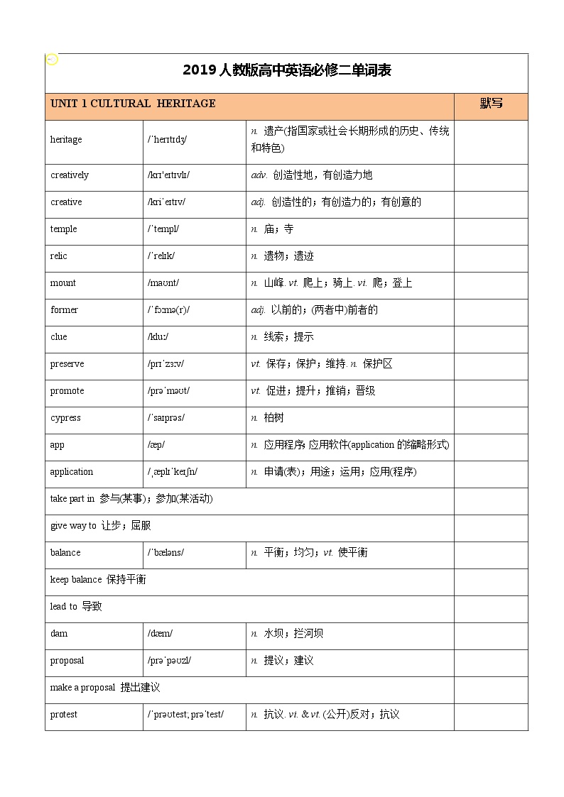 2019人教版高中英语必修二单词表