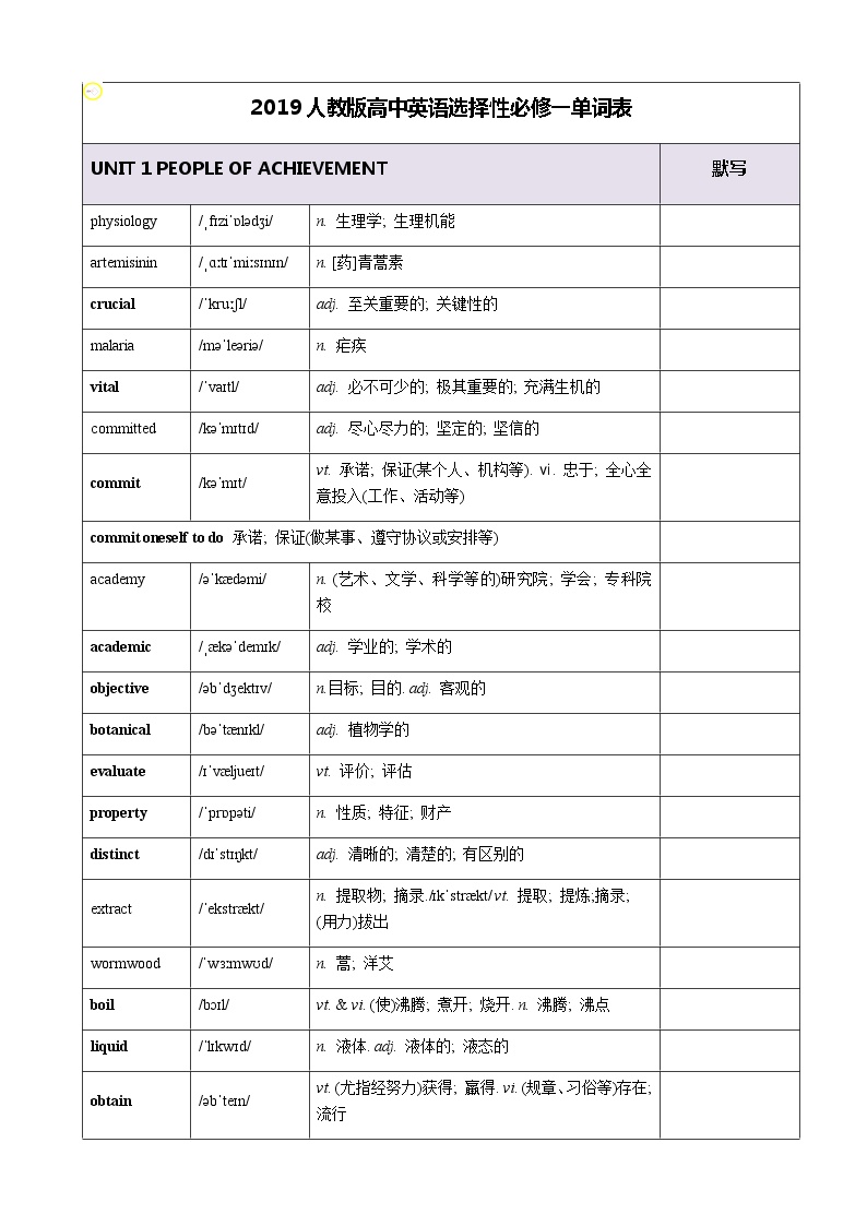 2019人教版高中英语选择性必修一单词