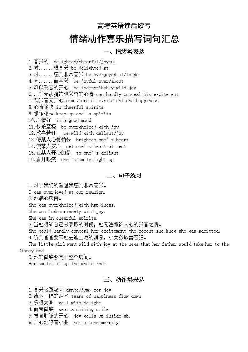 高中英語高考讀后續(xù)寫情緒動作喜樂描寫詞句匯總第1頁