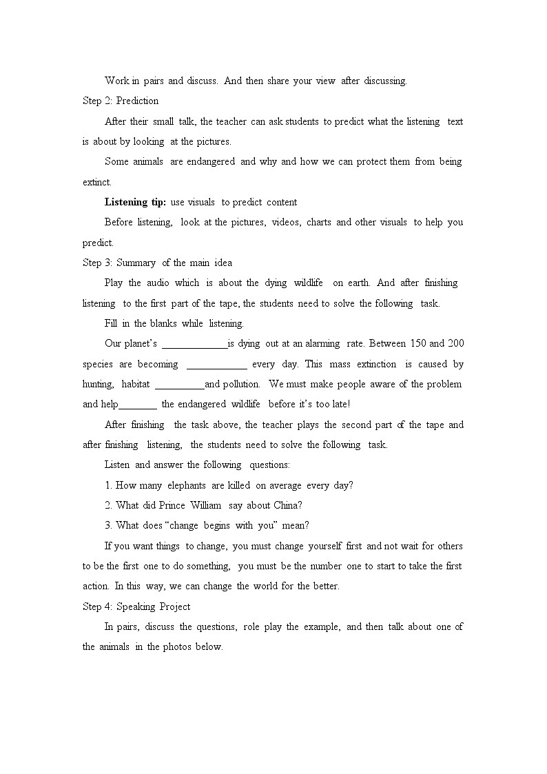 高中英语必修二 (教案)Unit 2 WILDLIFE PROTECTION-Listening and Speaking & Listening and Talking02