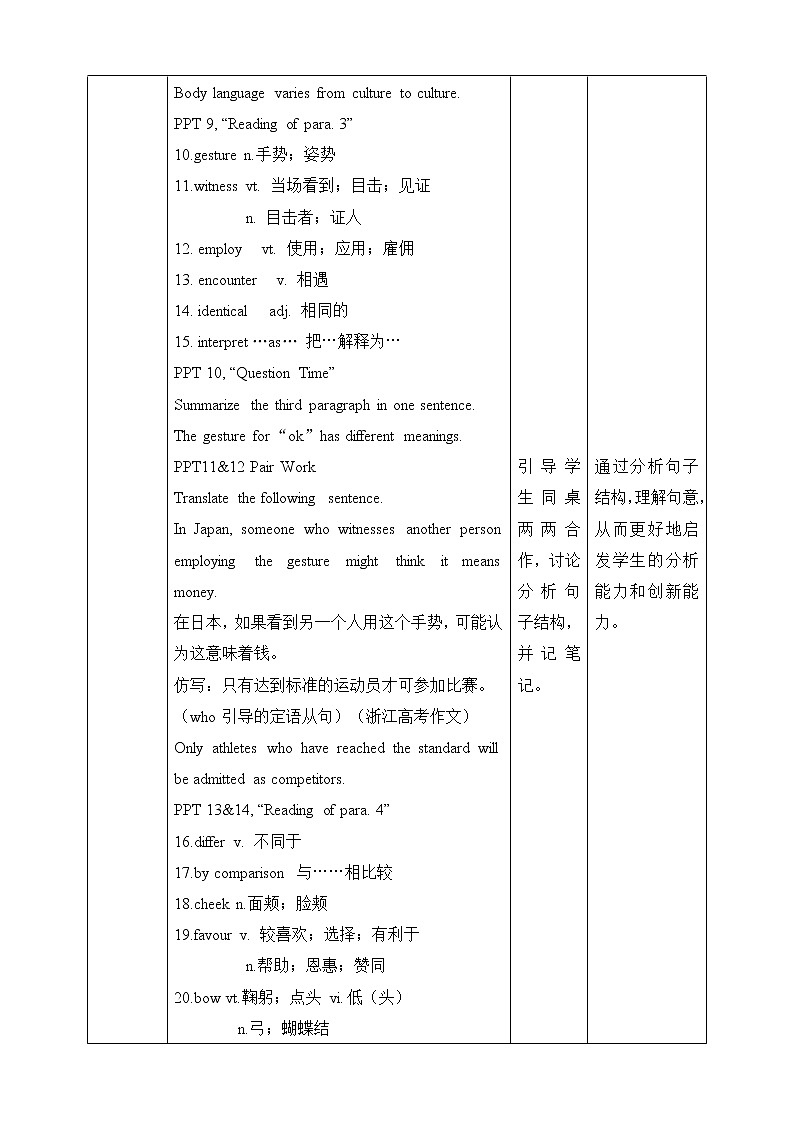 高中英语选择性必修一 unit4 body language Period 2 Reading and Thinking教案u第3页