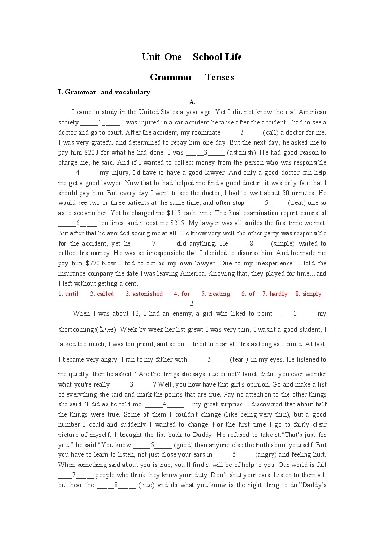 上外版高中英语必修第一册 Unit 1  Grammar 同步练习  (原卷+解析卷)01