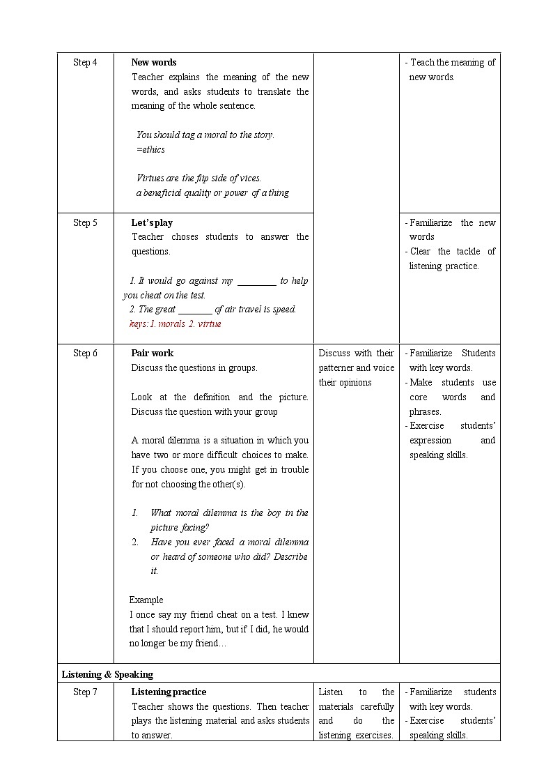 高中英语必修三 Unit 2 Morals and Virtues Period 1 Listening and Speaking教案02