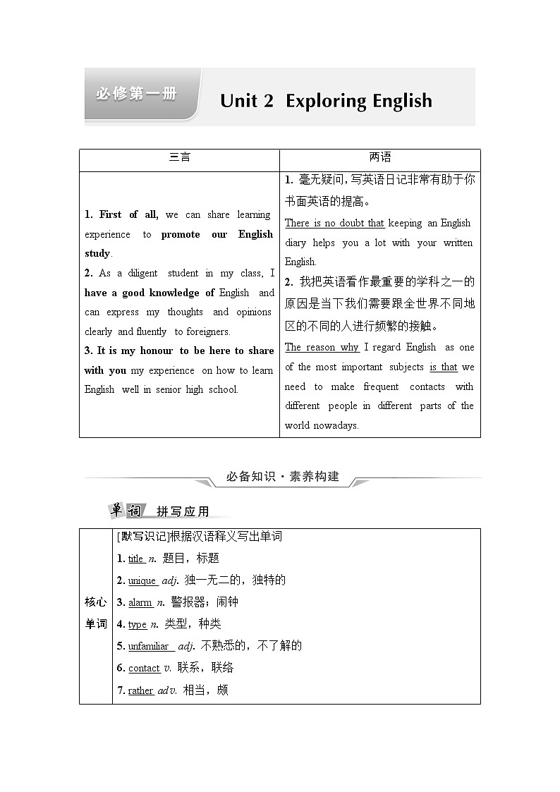 外研版高考英语一轮总复习教材知识解读必修第1册Unit 2 Exploring English课时学案01