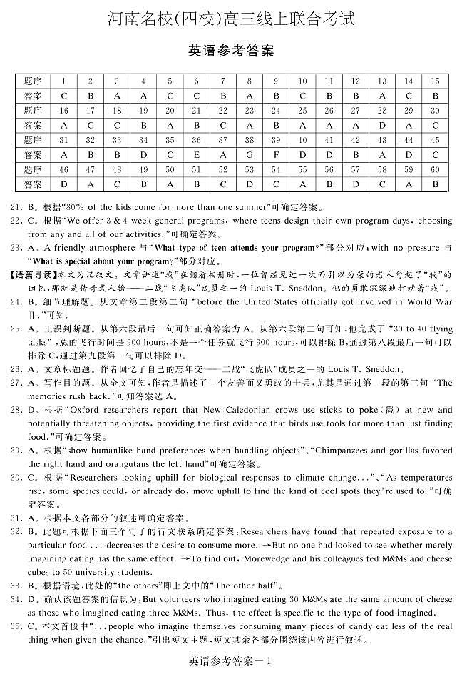 2020名校(南阳一中、信阳、漯河、平顶山一中四校)高三3月线上联合考试英语试题PDF版含答案01