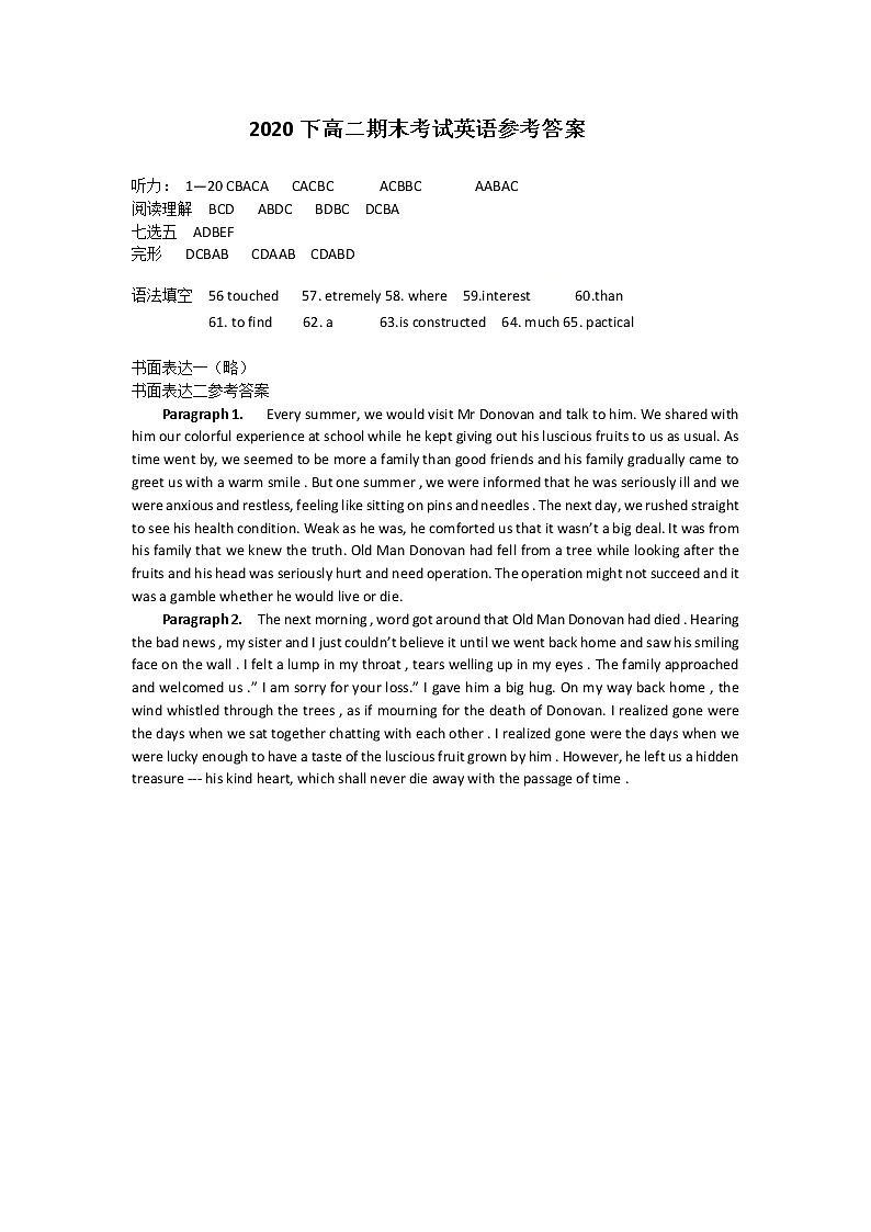 湖南省长沙市望城区2020-2021学年高二上学期期末考试英语答案第1页