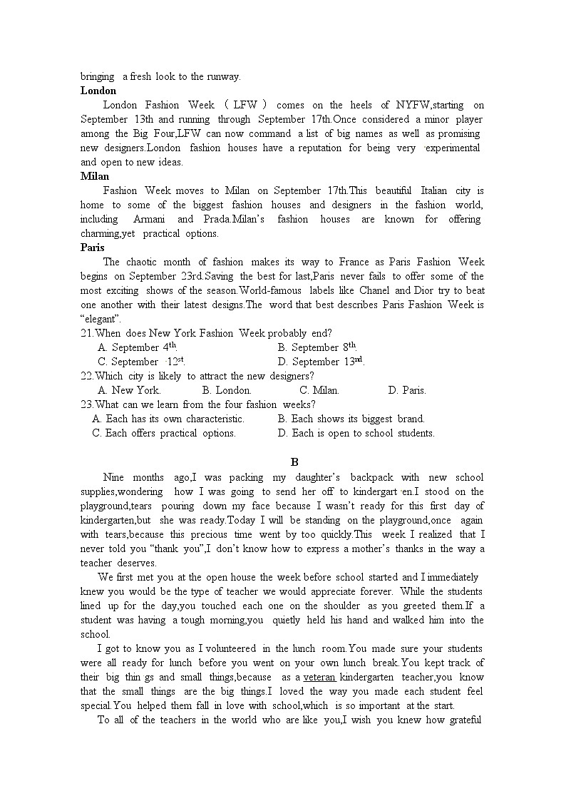2021毕节实验高级中学高二上学期第一次月考英语试题含答案第3页