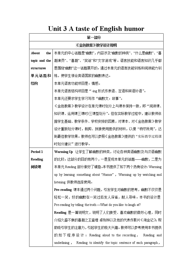 必修4 Unit 3 A taste of English humour 教案01